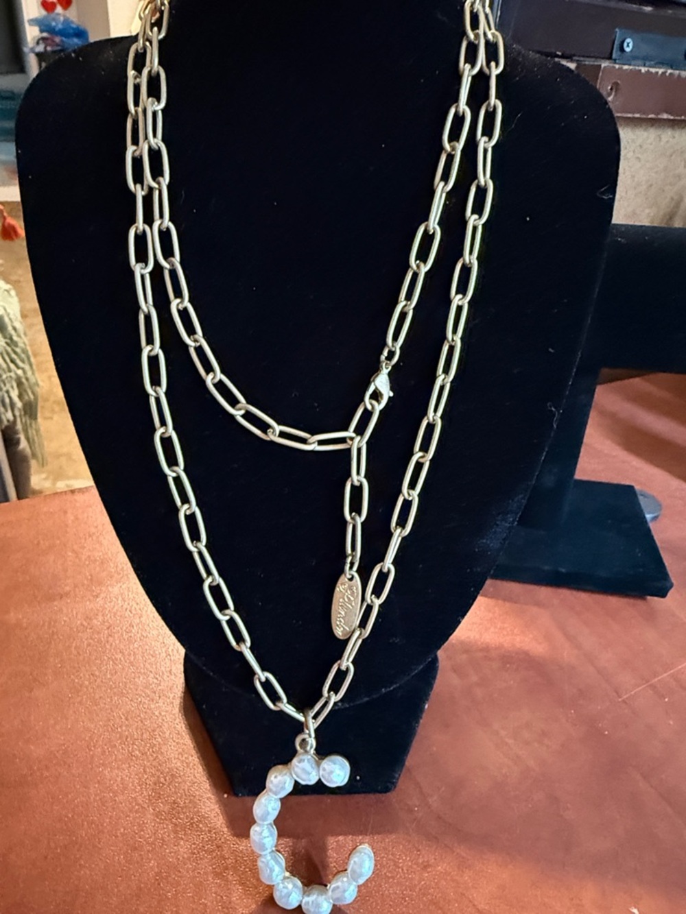 Plunder Gold-Tone Link Necklace with Pearl  Pendant “C”